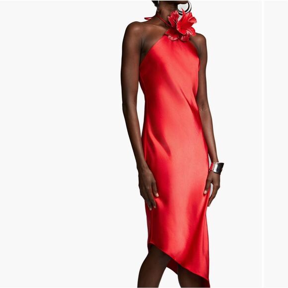 Halston Joellen Floral Detail Asymmetric Crushed Satin Halter Dress size 4 NWT - Picture 3 of 8